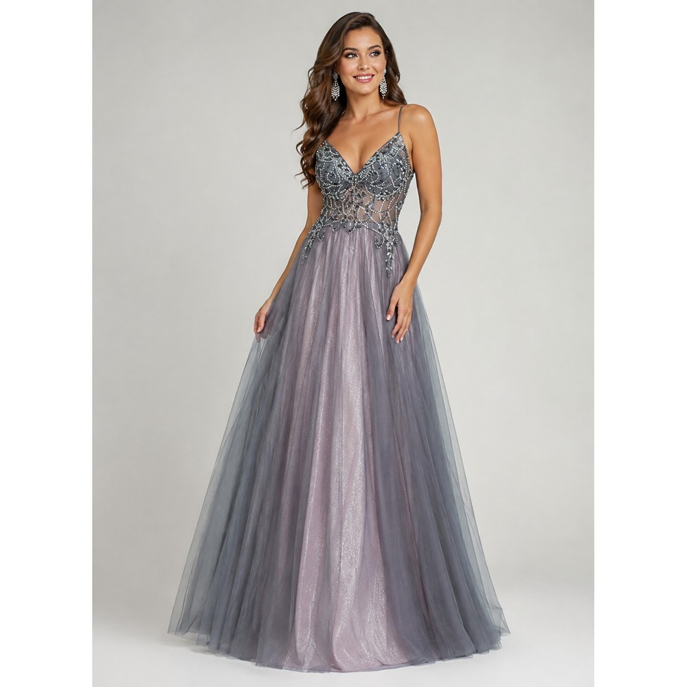 Val Stefani Tulle Metallic Mikado Gown Sheer Beaded Bodice Sz 10 Pink Gray Prom